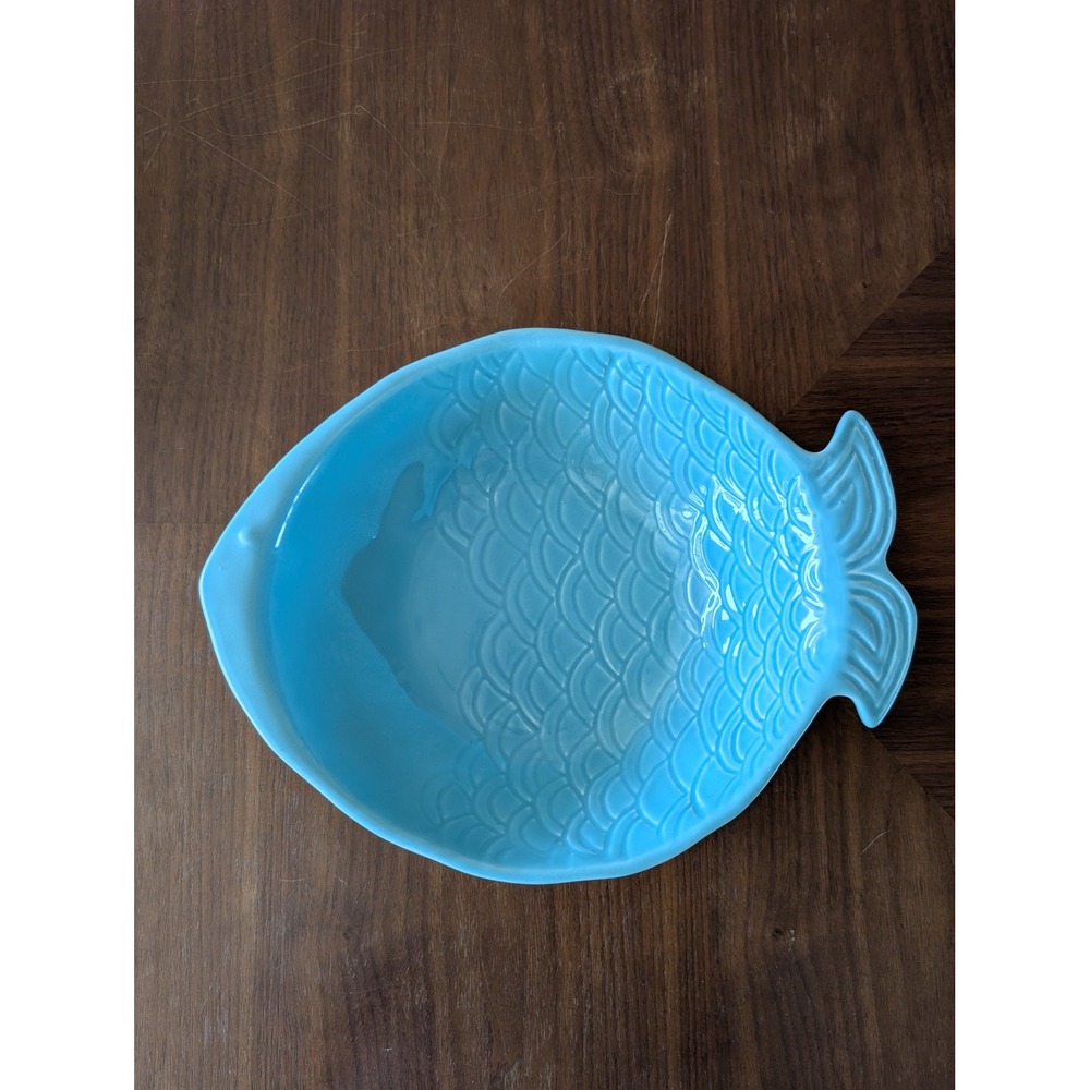 Farval Portugal Blue Ceramic Fish Serving Bowl Embossed Scales Coastal Decor
